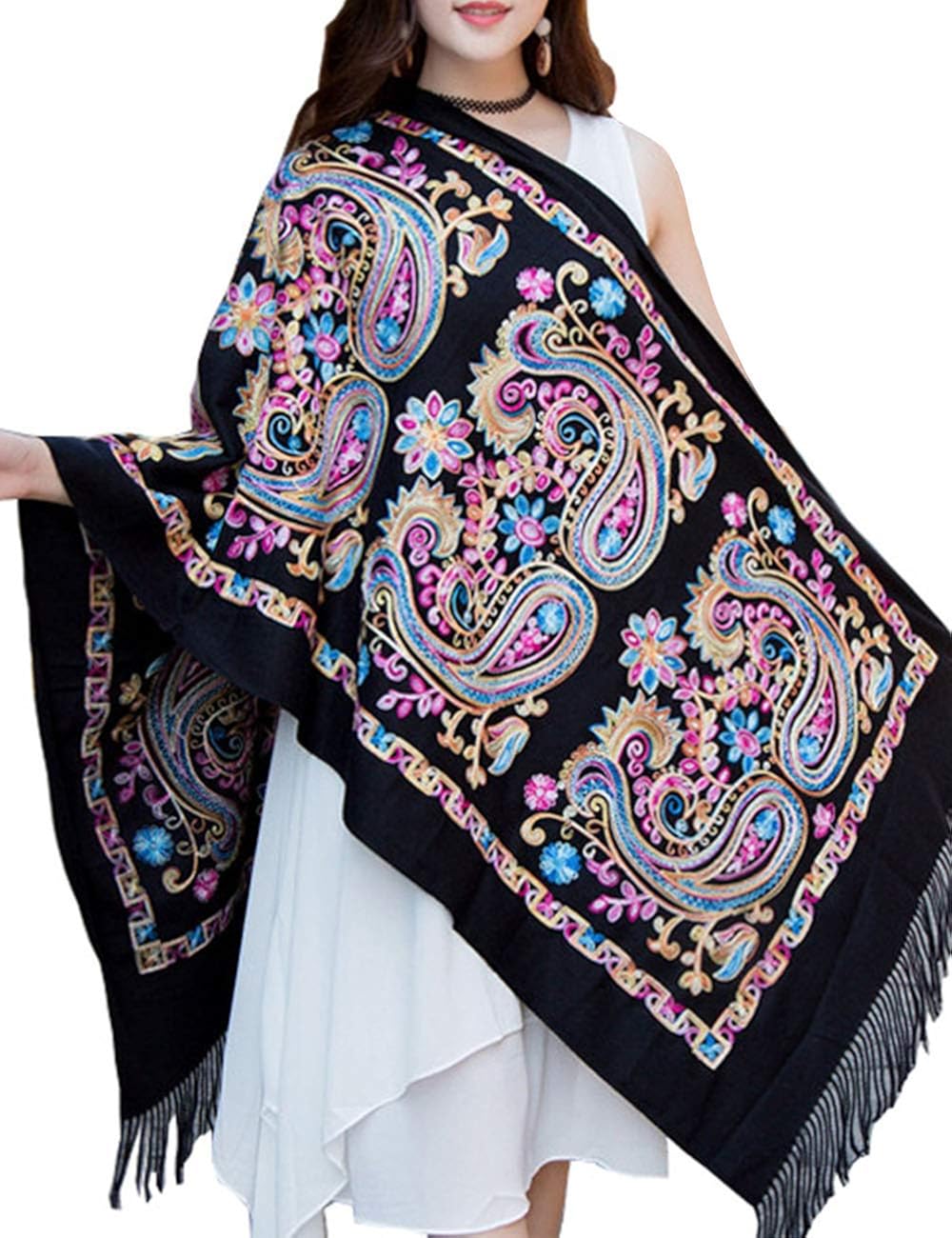 Women's Floral Tasseled Spring Blanket Shawl Wraps Oversize Fringed