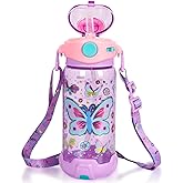 YOYTOO Kids Water Bottle with Straw/Lanyard for School Kids Girls Boys, 22oz BPA Free Child Drinking Water Bottle One-Click-Open Leak-Proof Locking Flip Lid for School Sport Travel