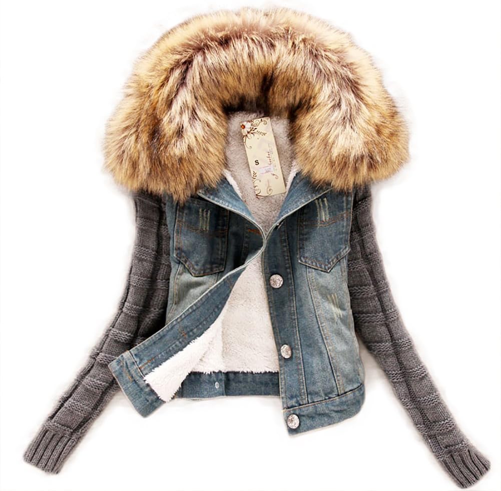 Daogugu Winter Women Fleece Fur Collar Jeans Coat Denim Jacket Outerwear