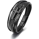DATOA Cross Stainless Steel Braided Leather Match Bracelet for Women Men Religious Cuff Bangle Clasp
