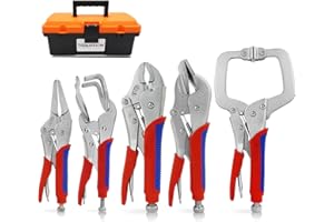 TOOLUTION Locking Pliers Set 5-Pack, Professional Welding Clamp Set Includes C-Clamp, Curved, Duckbill, Needle Nose & U-Shape