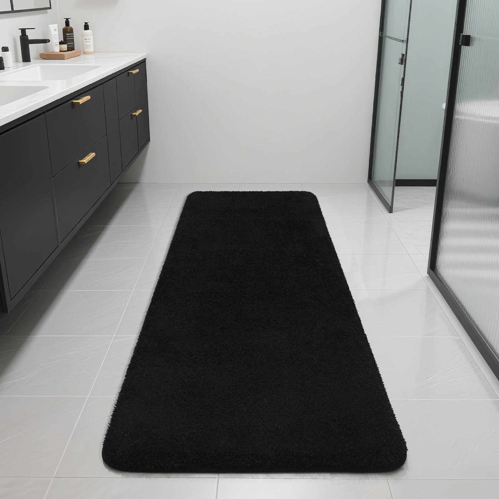 Photo 1 of B BENRON Bathroom Runner Rugs 48x24, Extra Soft and Absorbent Bath Mats, Non-Slip Shaggy Bath Rug for Bathroom Floor, Tub and Shower, Machine Washable, Quick Dry, Black
