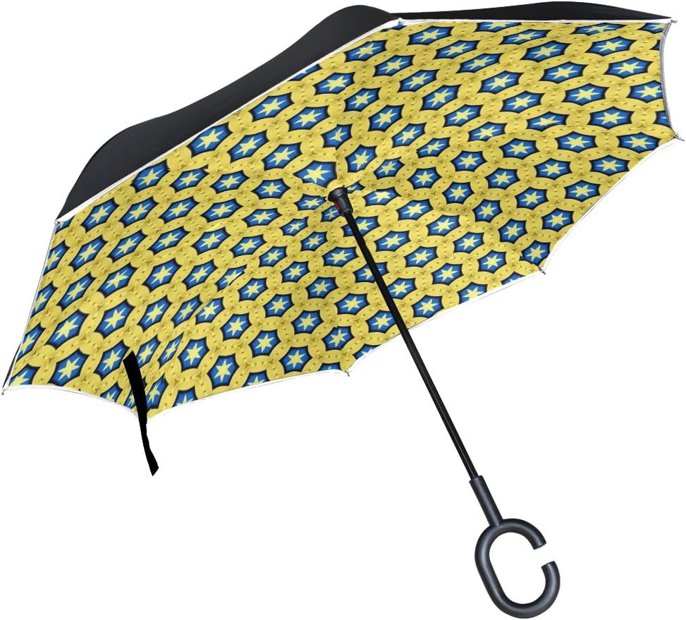 RYUIFI Double Layer Inverted Gold Golden Texture Pattern Star Textures Umbrellas Reverse Folding Umbrella Windproof Uv Protection Big Straight Umbrella for Car Rain Outdoor with C-Shaped Handle
