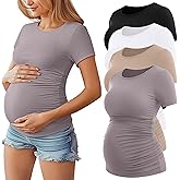 Huukeay 4 Pack Women's Maternity Shirts, Crew Neck Maternity Top Short Sleeve Casual Cotton Tee Side Ruched Pregnancy Clothes