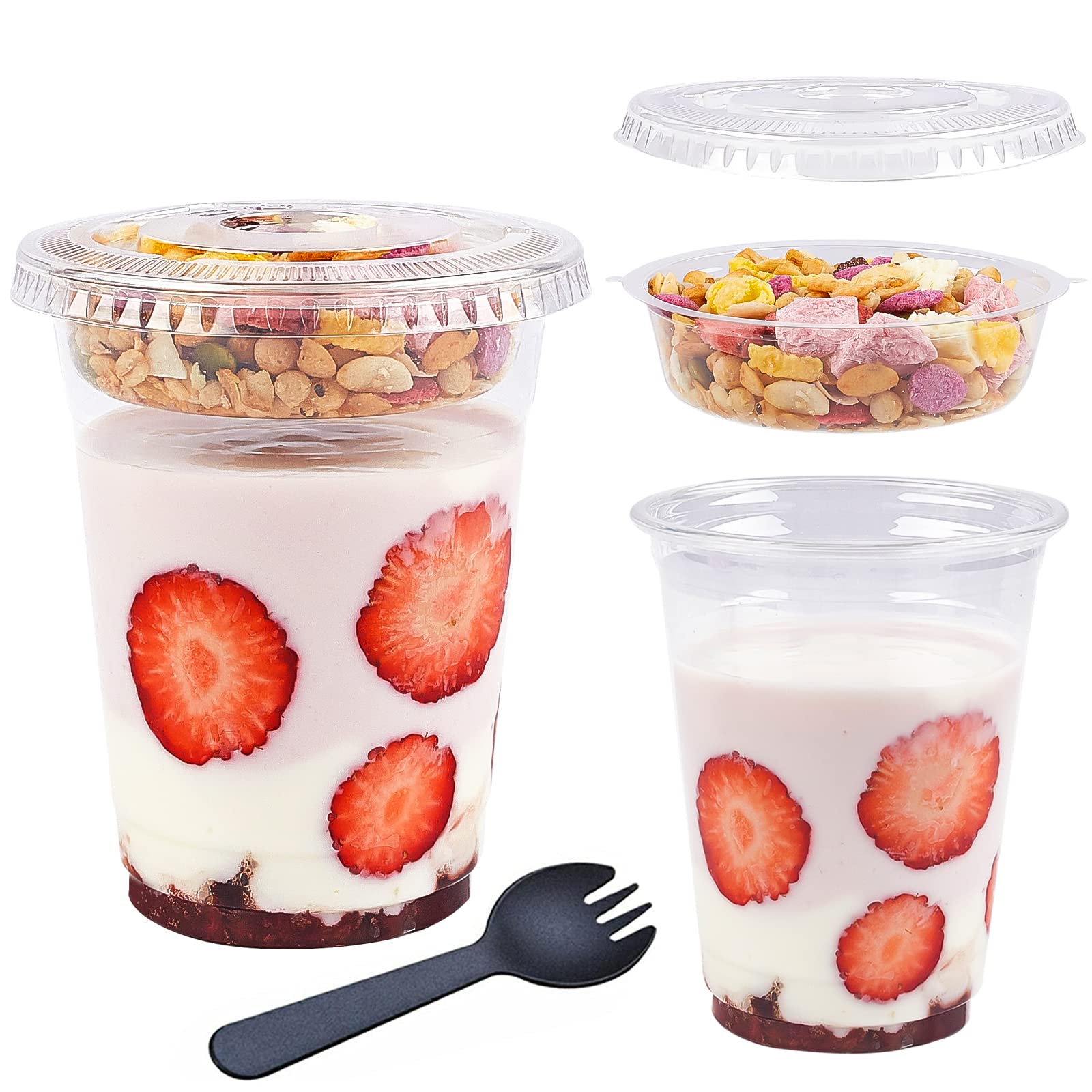 Photo 1 of TOFLEN 12 oz Clear Plastic Yogurt Parfait Cups with Lids Disposable To Go Cereal Cups for Breakfast Snack Fruit, Veggies and Dips (50 Cups+Inserts+Sporks+Flat Lids)