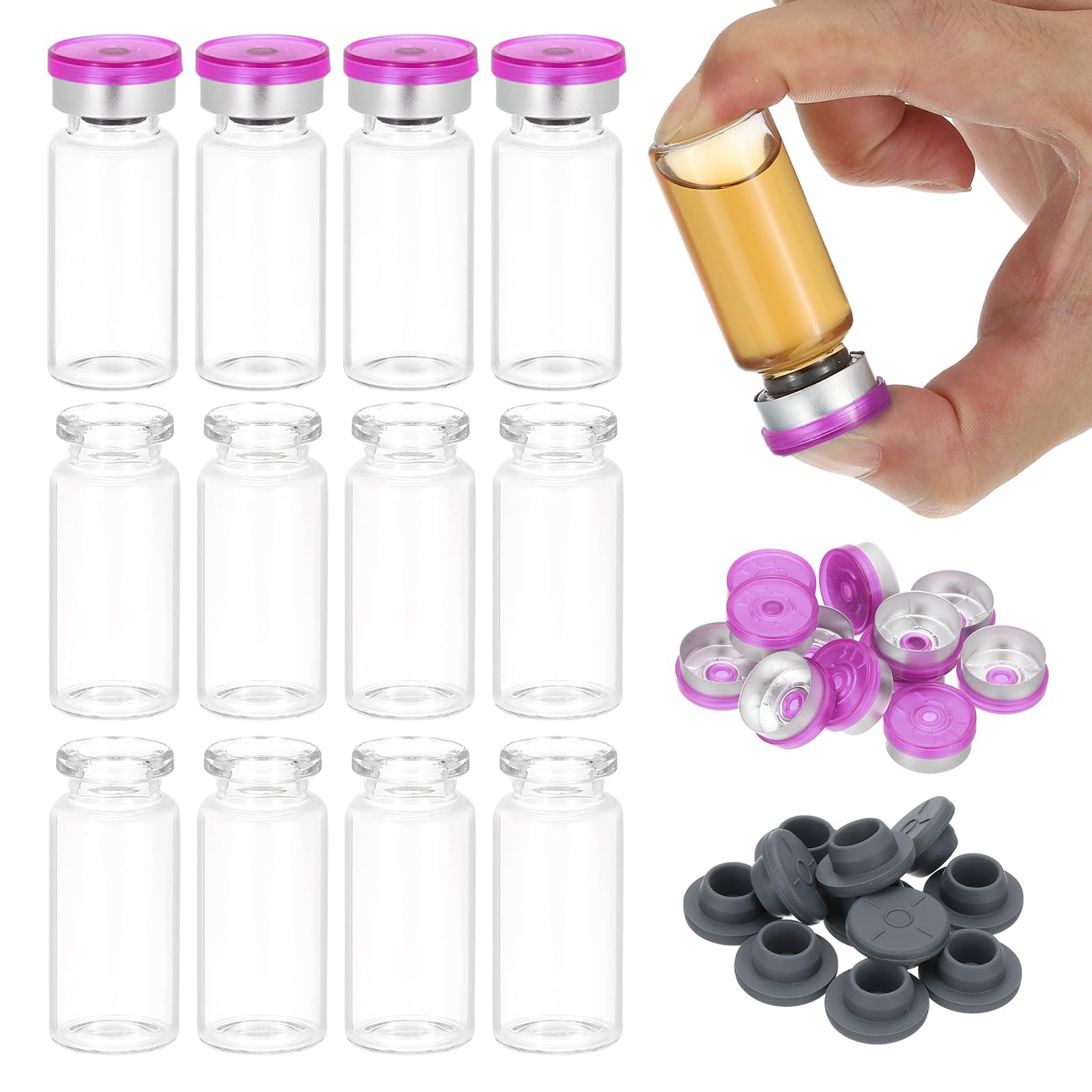 Photo 1 of PATIKIL 12pcs 10ml Clear Borosilicate Glass Sample Vials with Aluminum Plastic Cap and Rubber Stopper for Lab Solid Liquid Powder Storage, Purple Silver Tone