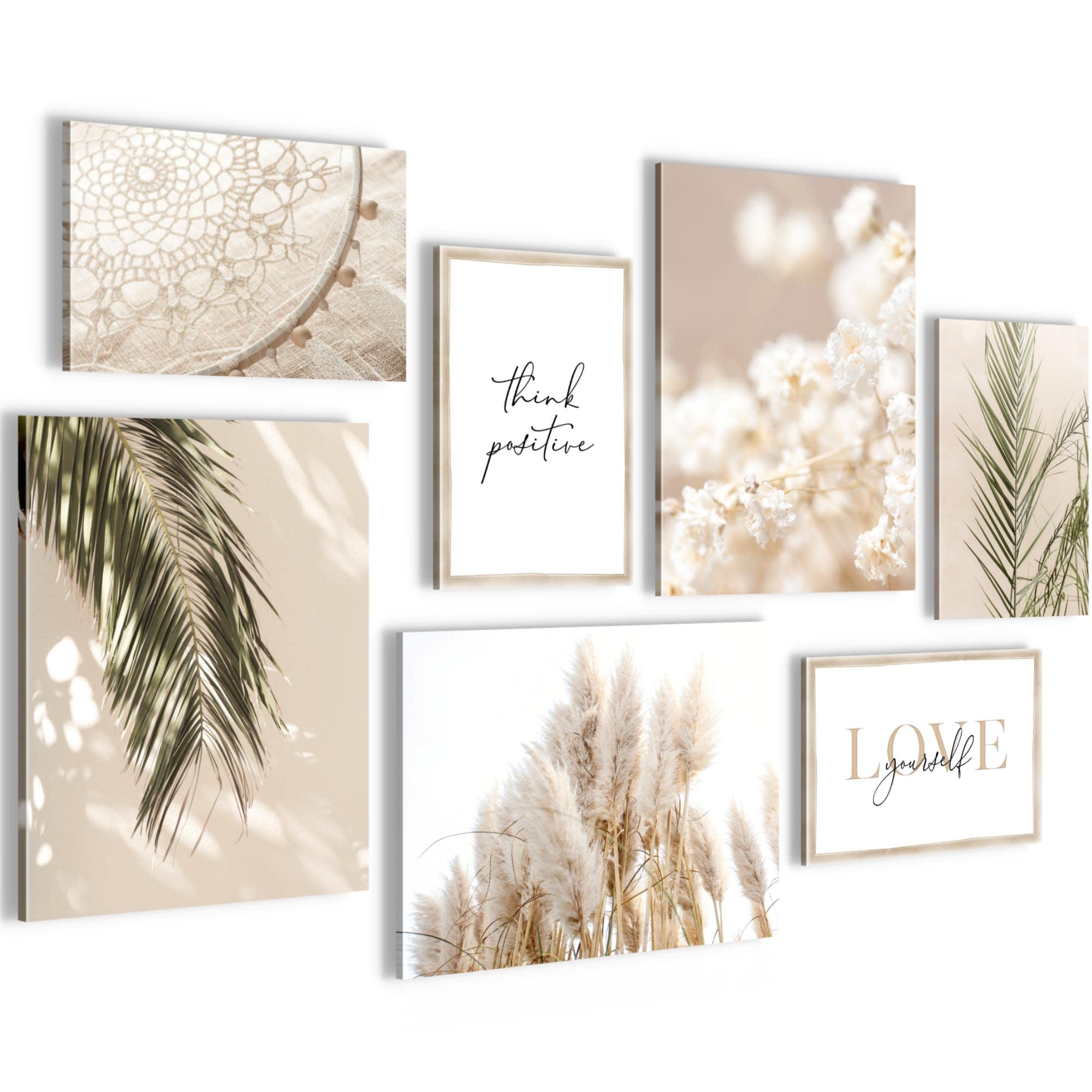 Novart Set of Canvas - COMPLETELY READY TO HANG - Pictures for Wall - Boho Pampasgras - 7 Pieces - Living Room Bedroom N005871a