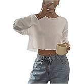 SHENHE Women's Sheer Cropped T Shirts Lettuce Trim Long Sleeve Crew Neck Going Out Tops