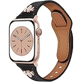 Newlibery Slim Leather Bands with Charms Women Compatible with Apple Watch Band 38mm 40mm 41mm 42mm (S11/10),Top Genuine Leather bees Strap Thin Wristband for iWatch Series SE 11/10/9/8/7/6/5/4/3/2/1