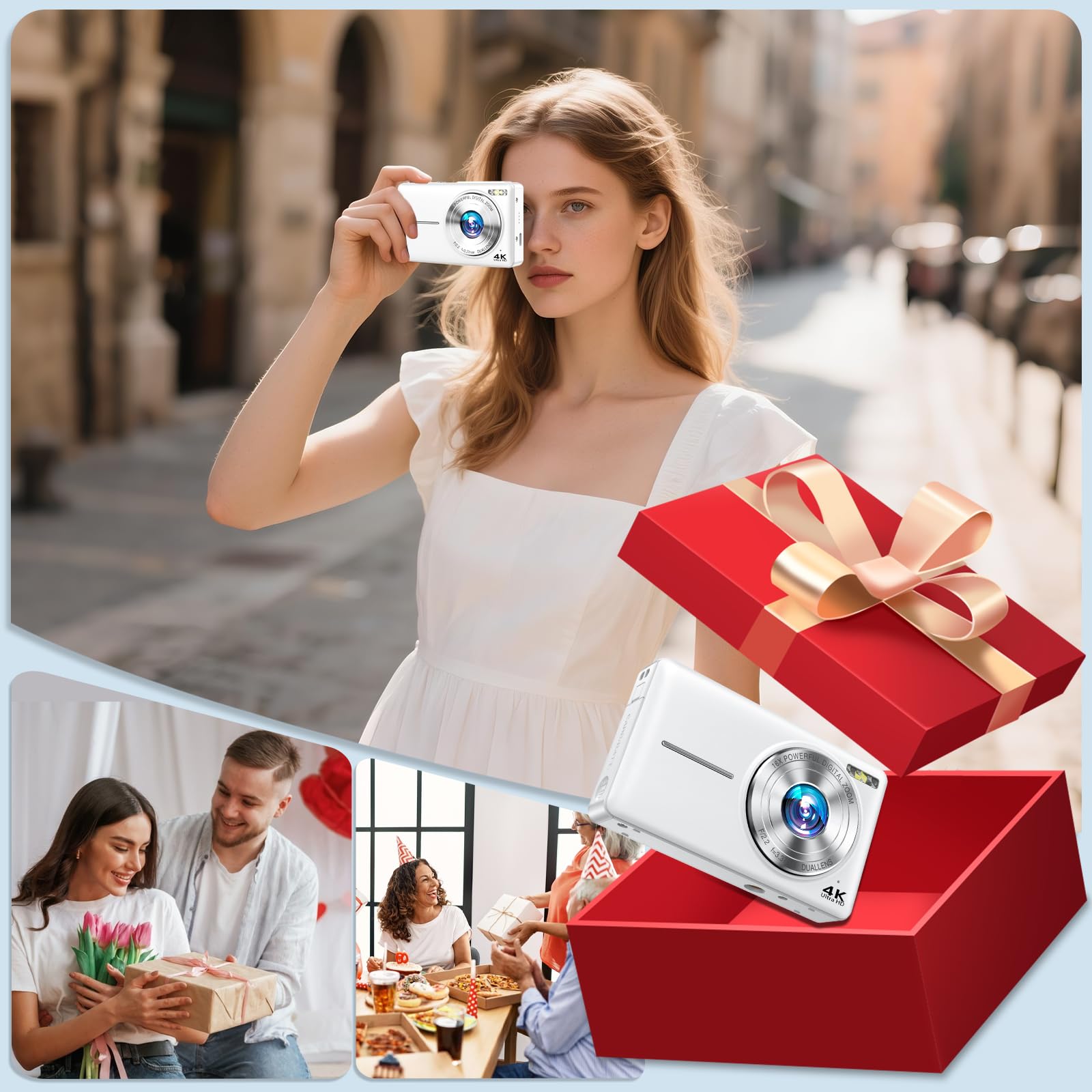 4K Digital Camera, 64MP Autofocus Vlogging Camera with Dual Lens, 16X Digital Zoom YouTube Compact Travel Point Shoot Camera for Teens Beginner, Anti-Shake,2 Batteries, 32GB Card (White)