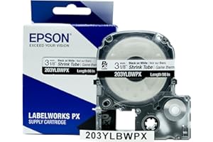 Epson LABELWORKS 203YLBWPX Genuine Tape Cartridge - Black on White Shrink Tube Industrial Label Maker Tape - AWG 16-22, 1/8" (3MM) Wide, 8 ft (98")
