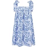 Women Floral Tie Shoulder Mini Dress Cute Square Neck Loose Fit Beach Short Dress Backless Boho Vocation Sundress