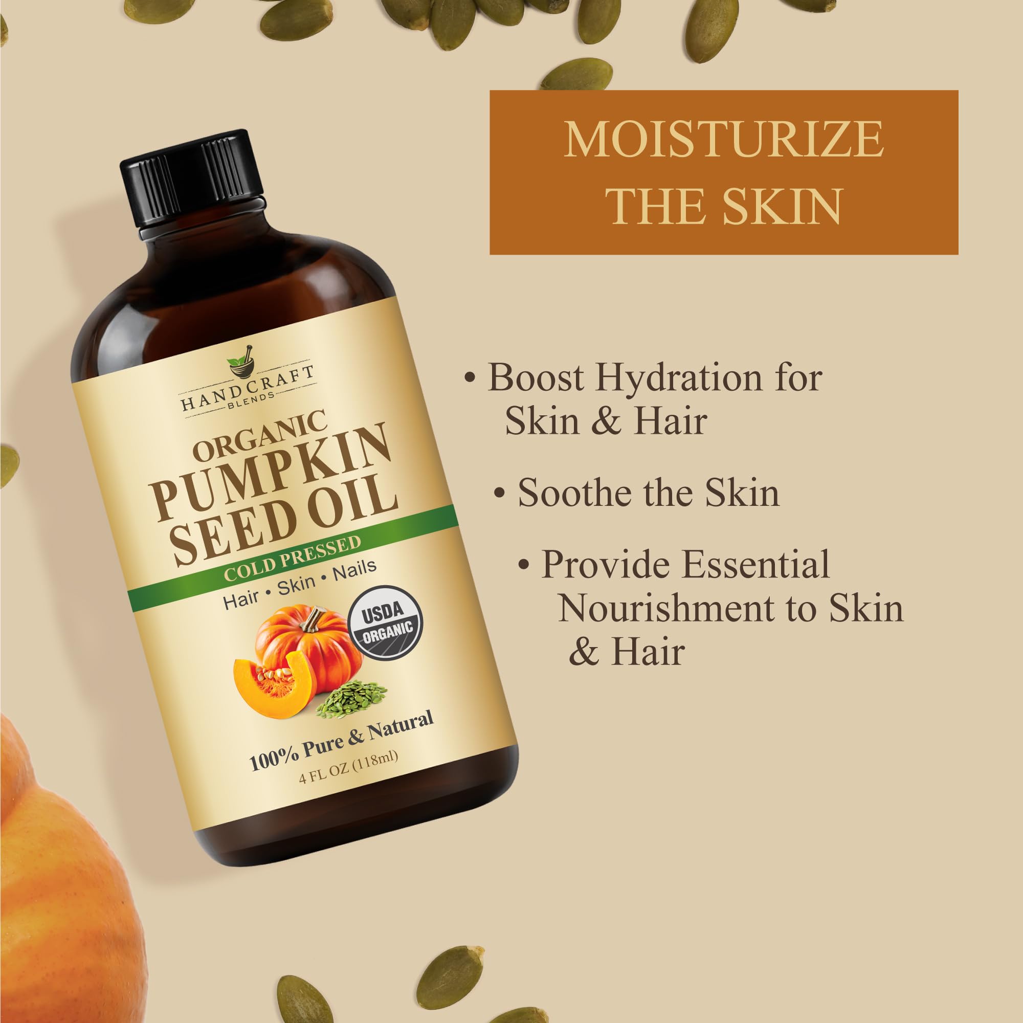 Handcraft Blends Cold-Pressed Organic Pumpkin Seed Oil in Glass Bottle - 4 Fl Oz - 100% Pure and Natural - Premium Grade Carrier Oil for Hair, Skin, Nails, and Body - Massage - Aromatherapy