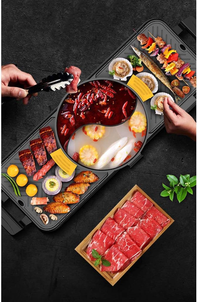 review Portable Electric Grill,6-liter Large Capacity, Independent Temperature Control, Grill Design, Non-stick And Easy To Clean, 8 Seconds Fast Heating, 2100W Electric Barbecue Grill Indoor Hot Pot Chafi