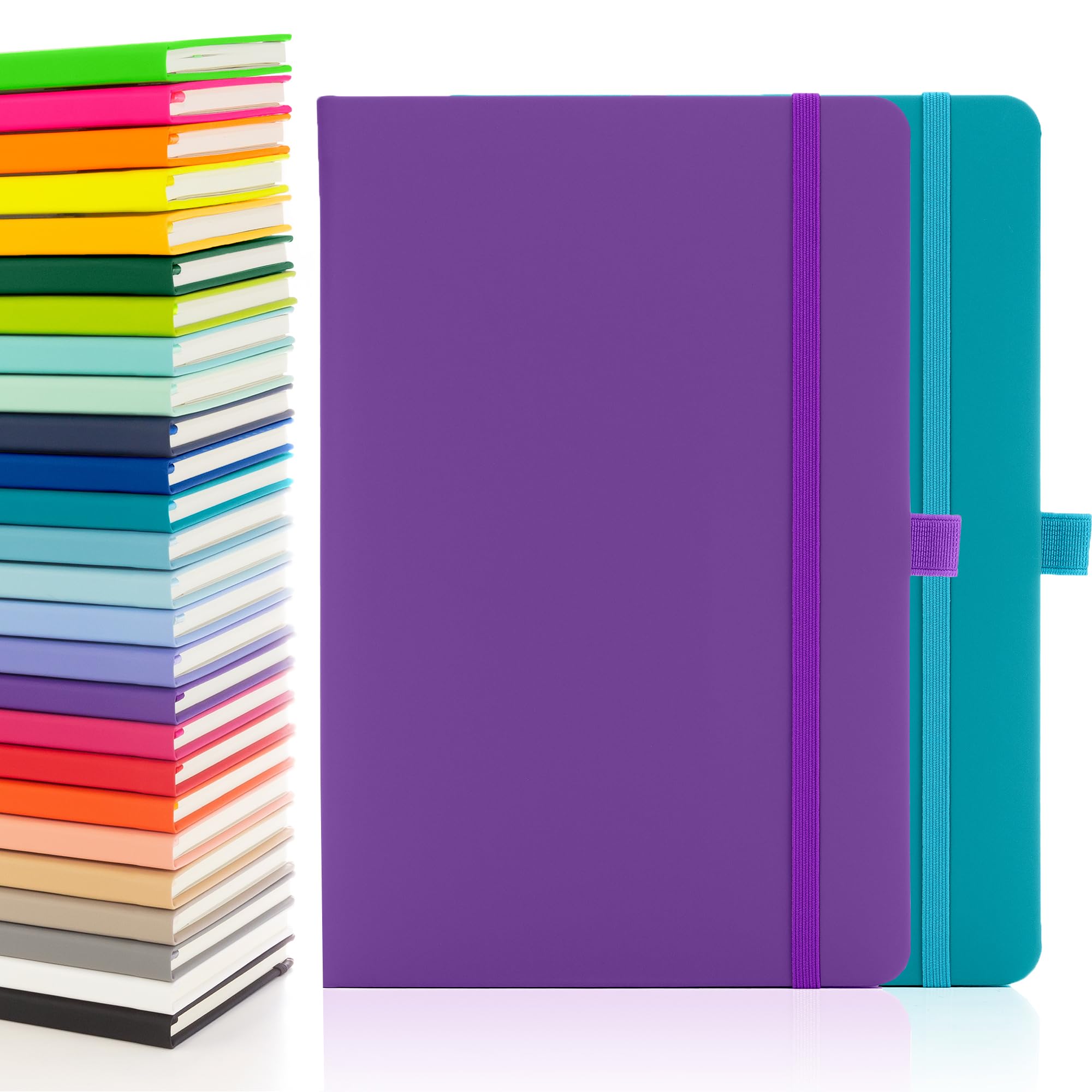 Notes London 2 x Eco A5 Notebook with Lined Pages, Pen Loop, Ribbon, Date Marks and Paper Pocket, Medium Hardback Journal, Note, sustainably sourced paper (Teal & Purple)