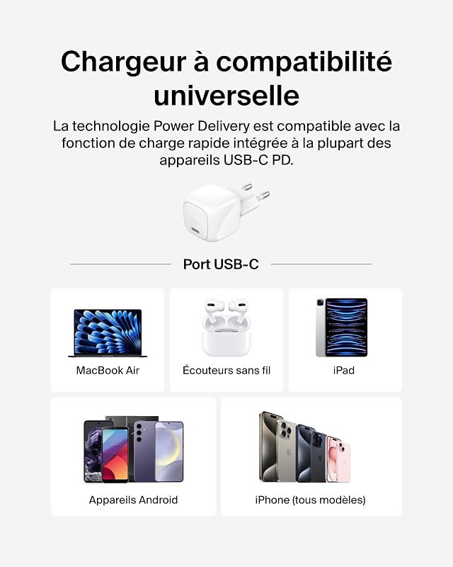 BoostCharge Chargeur Secteur 30W, Compact et Portable, USB-C Power Delivery, pour Tous modèles de l' Apple iPhone 17, Air, 16, 15, Samsung Galaxy, iPad, AirPods, Pixel, tablettes, etc. - Blanc