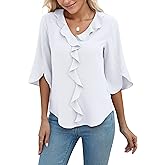 Blooming Jelly Womens 3/4 Length Sleeve Tops Dressy Casual Business Blouses Ruffle V Neck Summer Work Shirts