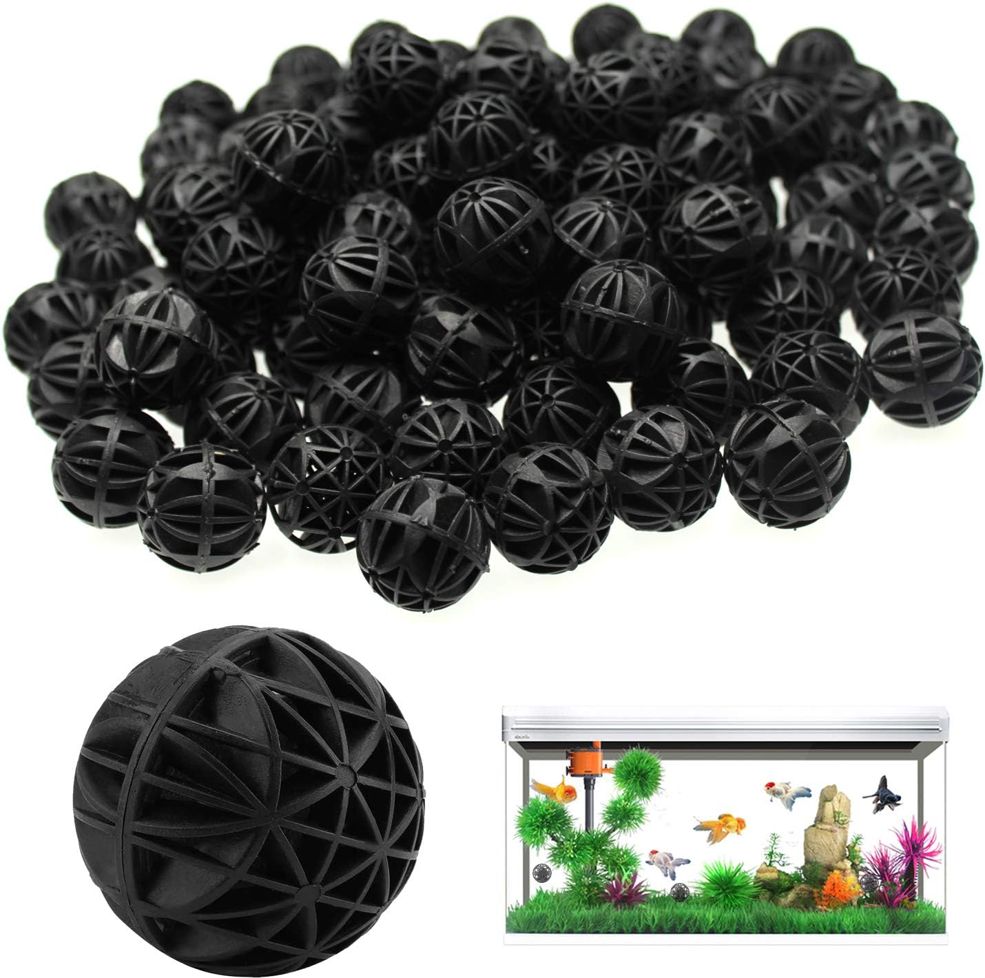 WZYTEU 100 pcs Bio Balls, 26mm Biological Filter Media Water Filter Material with Cotton for Aquarium Fish Tank Pond (Black
