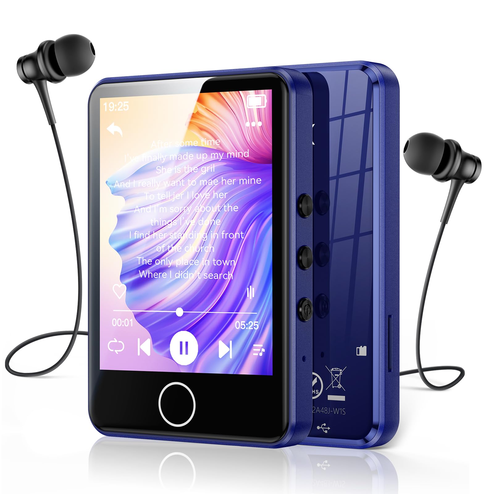 AGPTEK Blue MP3 Player Bluetooth 5.3, 64GB Internal Memory Expandable up to 128GB, 2.8 Inch Full Touch Screen Music Player with Speaker, FM Radio, Earphone & MP3 Protective Case Included