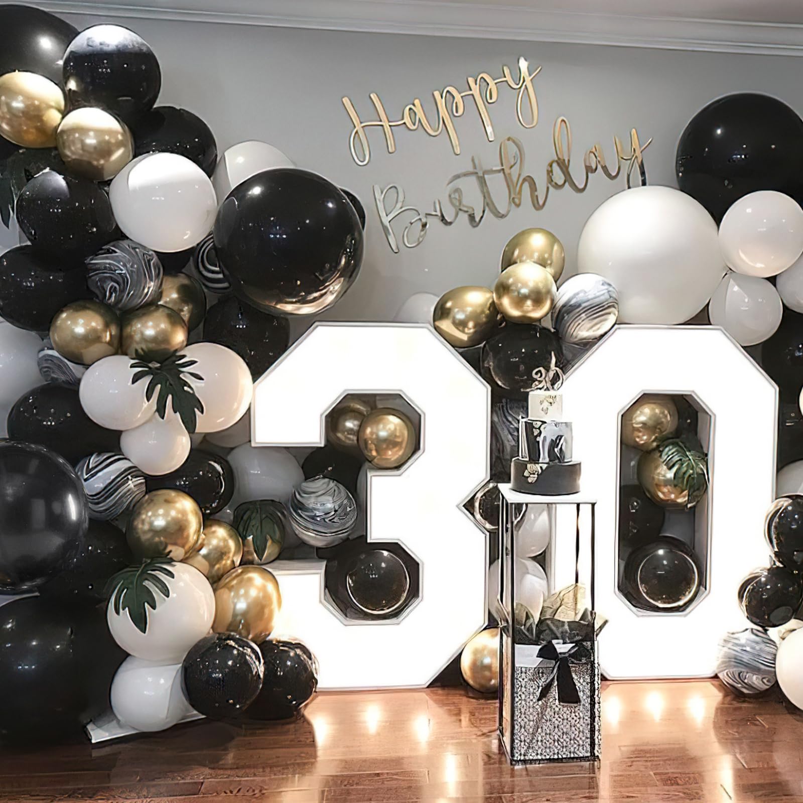 PartyWoo 140 pcs Black and Gold Balloon Arch Kit, Black and Gold Balloons Garland with 4D Marble Balloons, Chrome Metallic Silver Balloons, Star Garland for Birthday Decorations, Retirement Party
