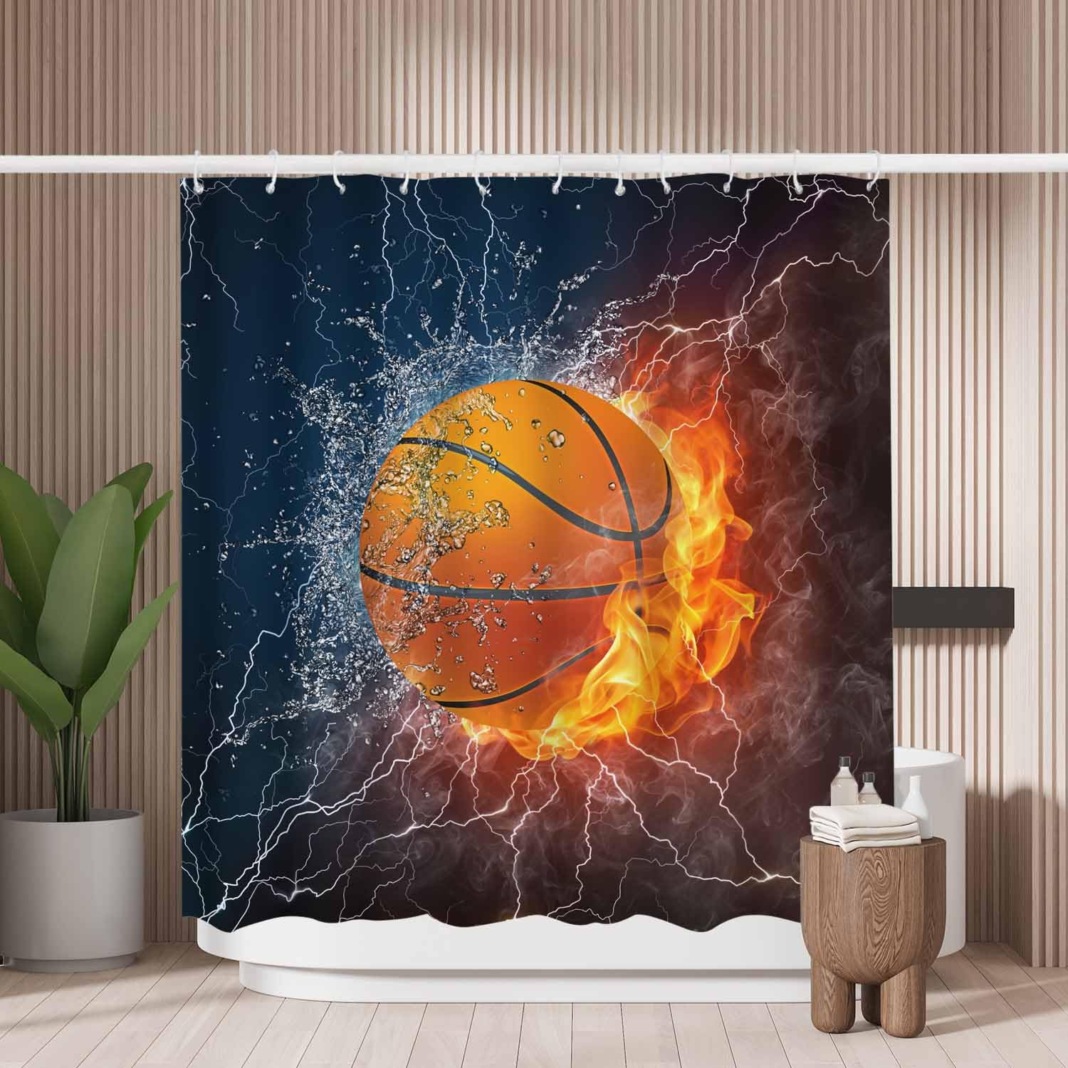 Woutay Shower Curtain Mould Proof Resistant Basketball in Fire and Water,Water Repellant Fabric,Polyester,with 12 Plastic Hooks