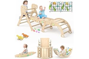 KidsBuddy Pikler Triangle Set with Cushion 9 in 1 Climbing Toys for Toddlers 1-3 Indoor Baby Climbing Gym Toddler Montessori Toys Wooden Climbing Toys with Maze Toys, Shape Sorting Toys, Dinosaur Car