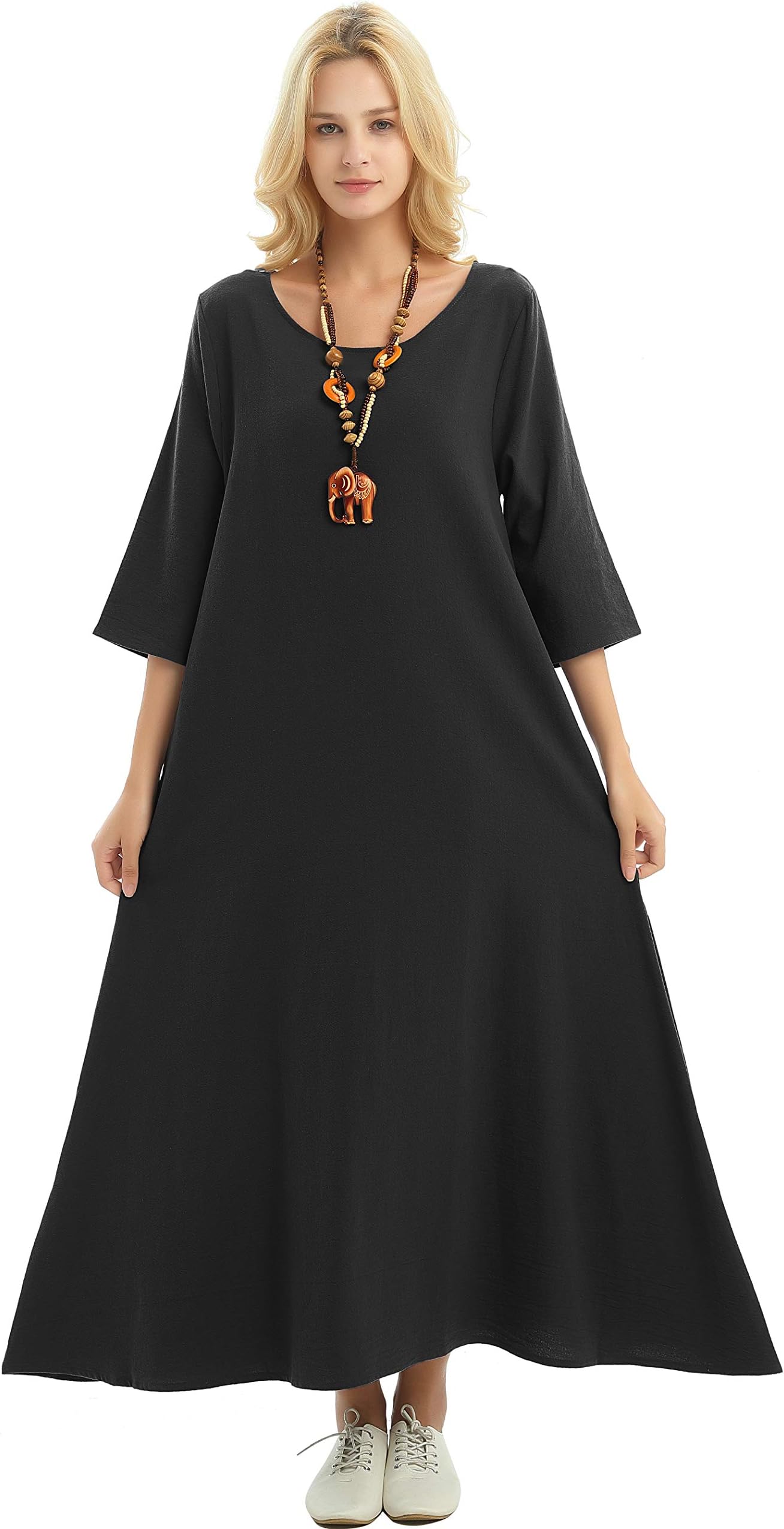 Anysize Three Quarter Sleeve Linen Cotton Spring Summer Plus Size Dress F140A