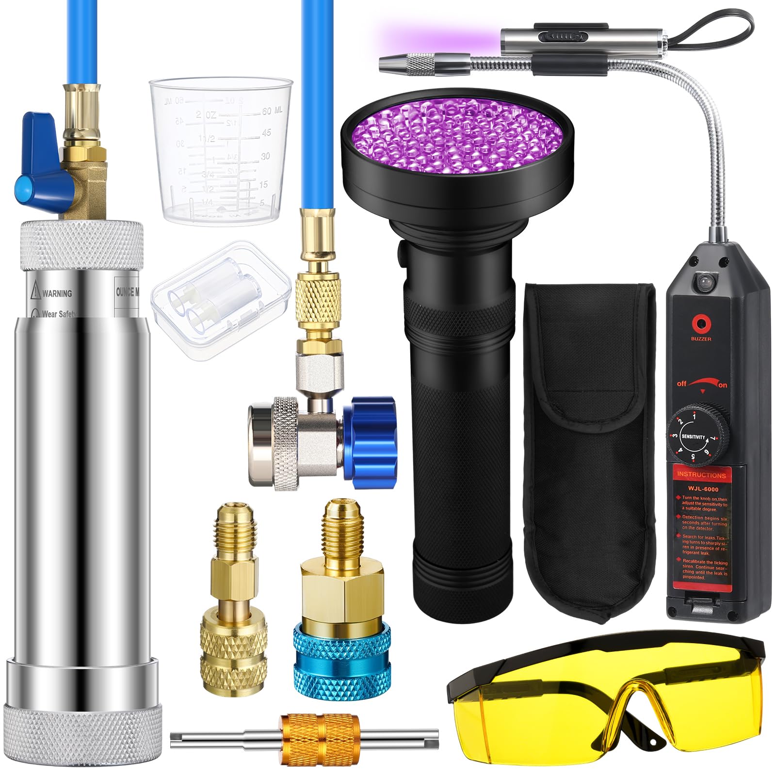 Photo 1 of Tellegloww AC Leak Detector Kit, R1234yf R134a R410a AC Oil UV Dye Injector Kit Refrigerant Leak Detector Tool Low Side Quick Coupler Mini Split Adapter Glasses Flashlight(Helpful)