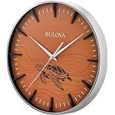Bulova Clocks C4384 Loggerhead 16&rdquo; Oversized Wall Clock &ndash; Satin Nickel Steel Case, Natural Tan Dial with Loggerhead Turtle Design, Sculpted Markers, Silent Sweep No-Ticking Quartz Movement