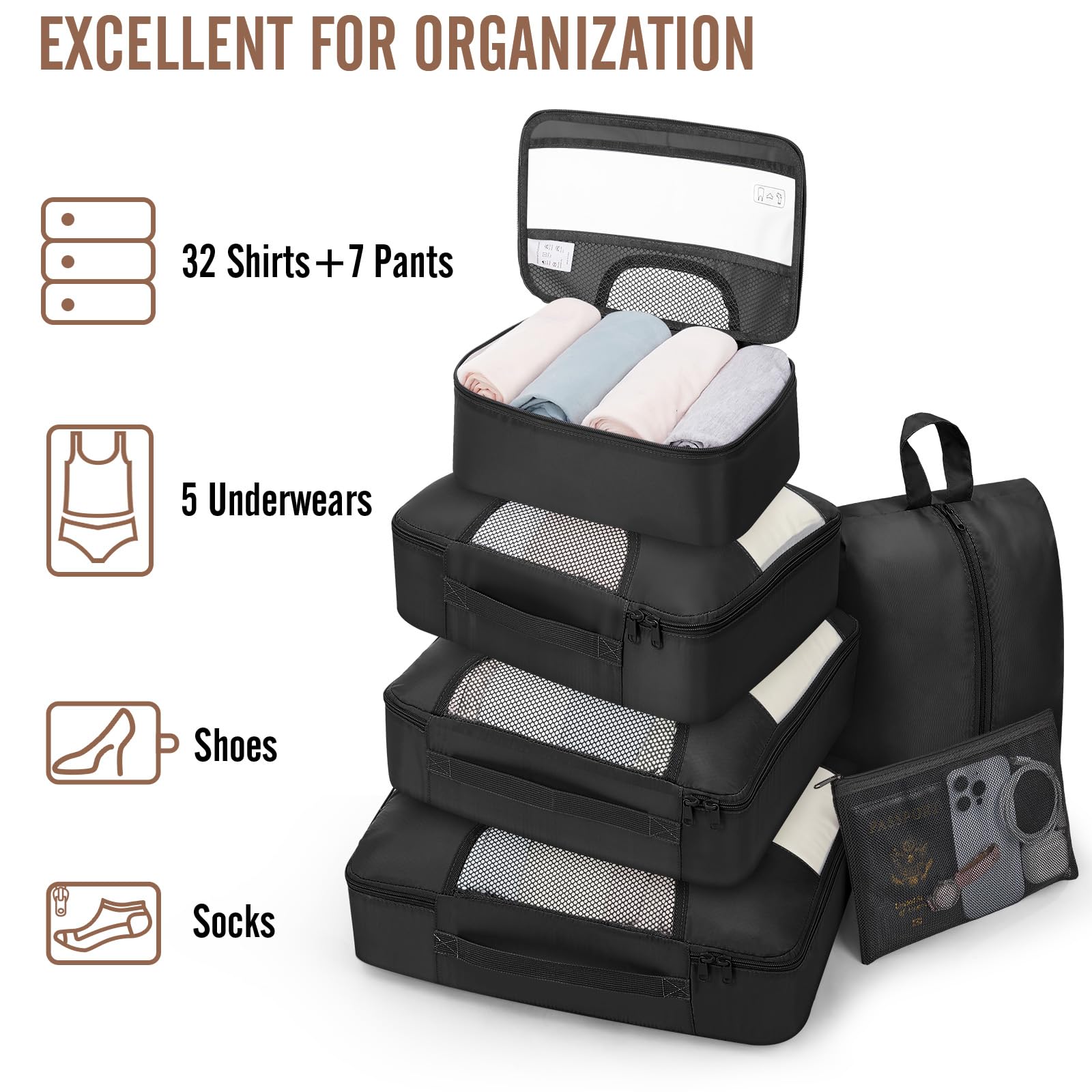 Veken Veken 10 Set/8 Set Packing Cubes for Travel Essentials, Suitcase Organizer Bags in 4 Sizes, Carry-On Luggage Accessories with Laundry & Toiletry Bag, Airplane Must-Have, Road Trip & Camp Gifts for Men