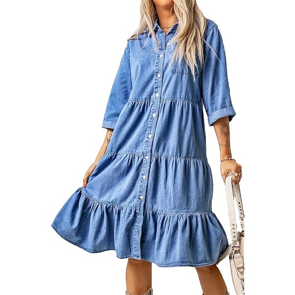 Sexyshine Women's Button Down Ruffled Denim Shirt Midi Dress