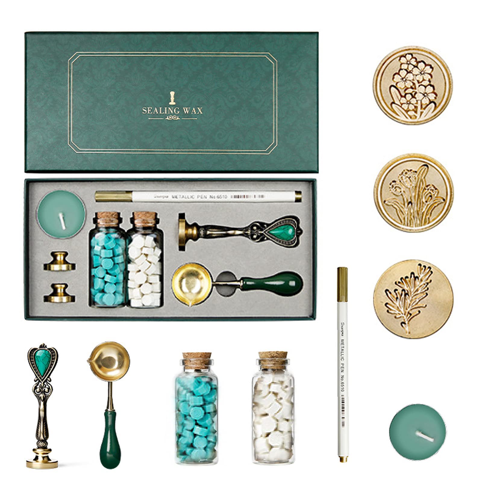 Joyeee Sealing Wax Stamp Kit with Green Gift Box, Seal Stamp Kit for Sealing, with 2 Colors Wax Seal Beads, 3 Stamp Heads, Metal Spoon, Metallic Pen for Crafts and Decoration #55