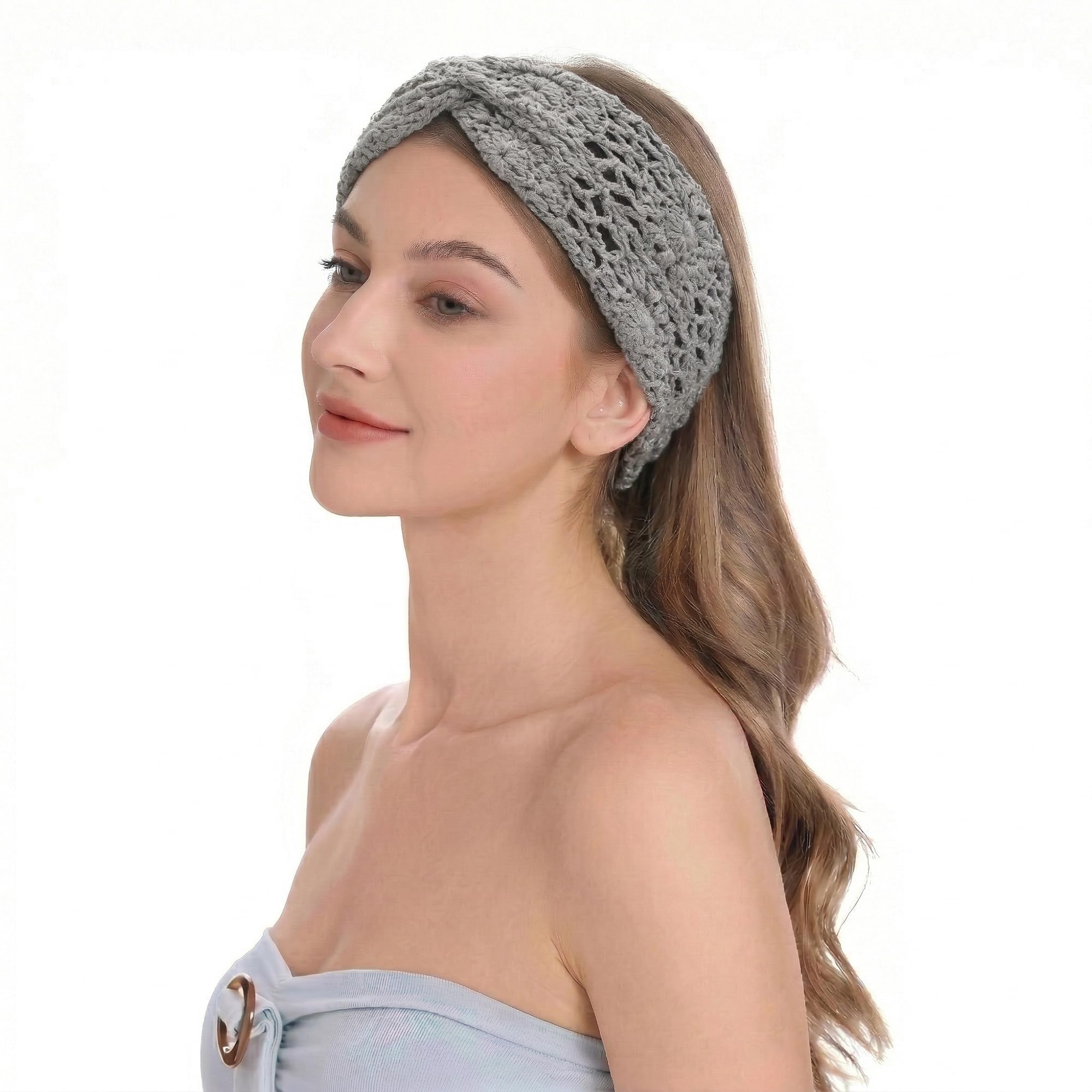 ZLYC Women Floral Headband Handmade Crochet Knit Vintage Hair Bands(Twist Knotted Gray)