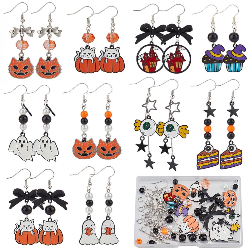 SUNNYCLUE 1 Box 10 Pairs Halloween Earrings Dangle Making Starter Kit Pumpkin Charms Ghost Dangle Earrings Glass Beads for Jewellery Making Kit Beginners Starter Adult Women DIY Craft Gift Supplies