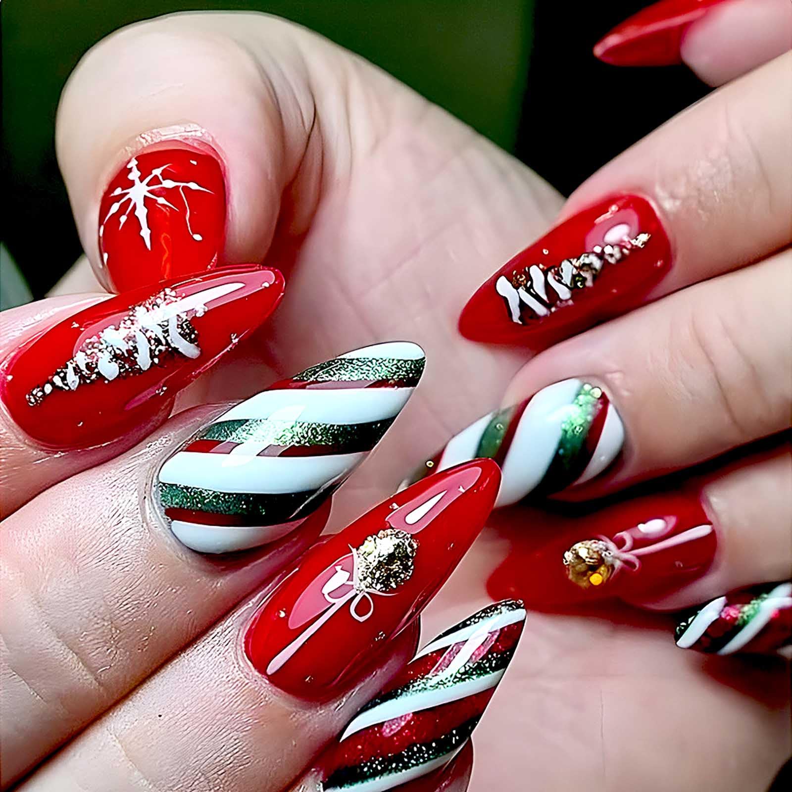 Rilafuvu Red Press on Nails Medium Almond Fake Nails White Snowflake Xmas Stripe Pattern Design False Nails Glue on Nails Acrylic Nails Xmas Stick on Nails Christmas Nails Press ons Nails 24pcs