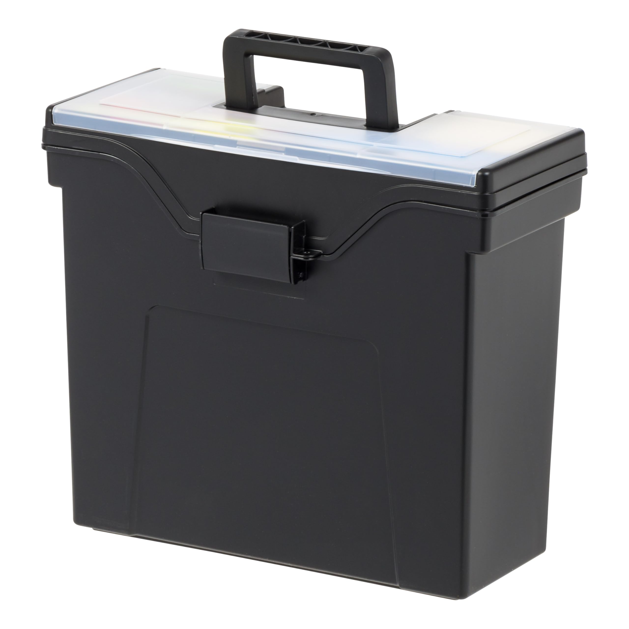 Photo 1 of IRIS USA Portable File Box With Handle, Slim w/Organizer Lid, Plastic File Organizer Box for Letter Files, Hanging Filing Folder Organizer, Lockable, Secure Buckle, Black