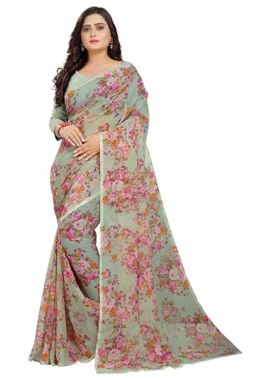 Womens Floral Chiffon Printed Saree With Blouse
