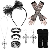 Qoncosy 80s Costume Accessories for Women, Punk Rock Jewelry Set with Cross Necklace, Vintage Outfits for Women Retro Party