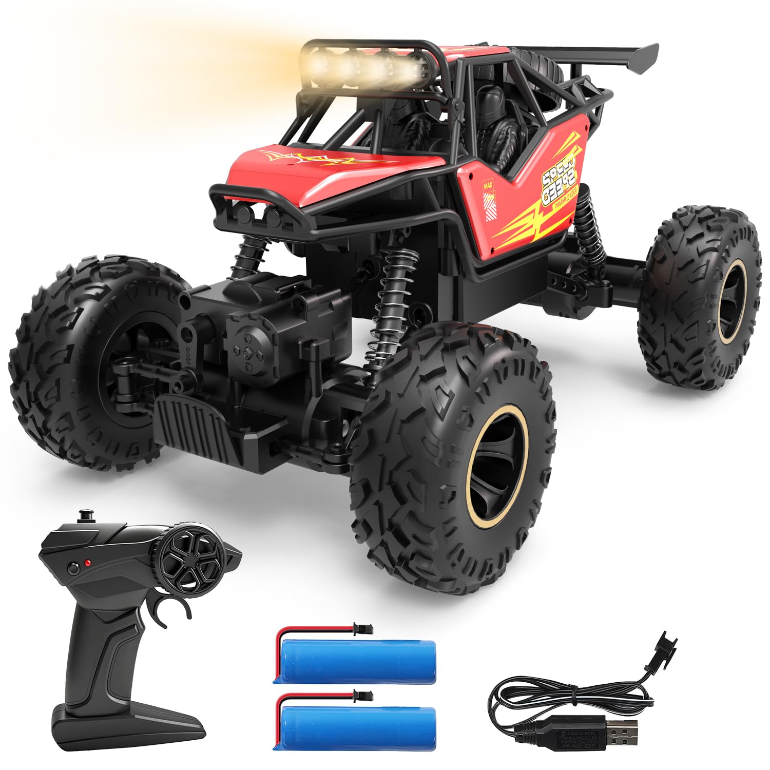 DEERC Remote Control Car 1:14 Scale, 4WD Rock Crawler Off Road RC Truck with LED Lights & Dual Batteries, All Terrain RC Car for Boys Age 8-12
