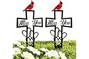 Metal Cemetery Memorial Plaque for Remembrance, Red Cardinal Grave Marker with Cross, "Miss You" Script & Heart Accent, Weath