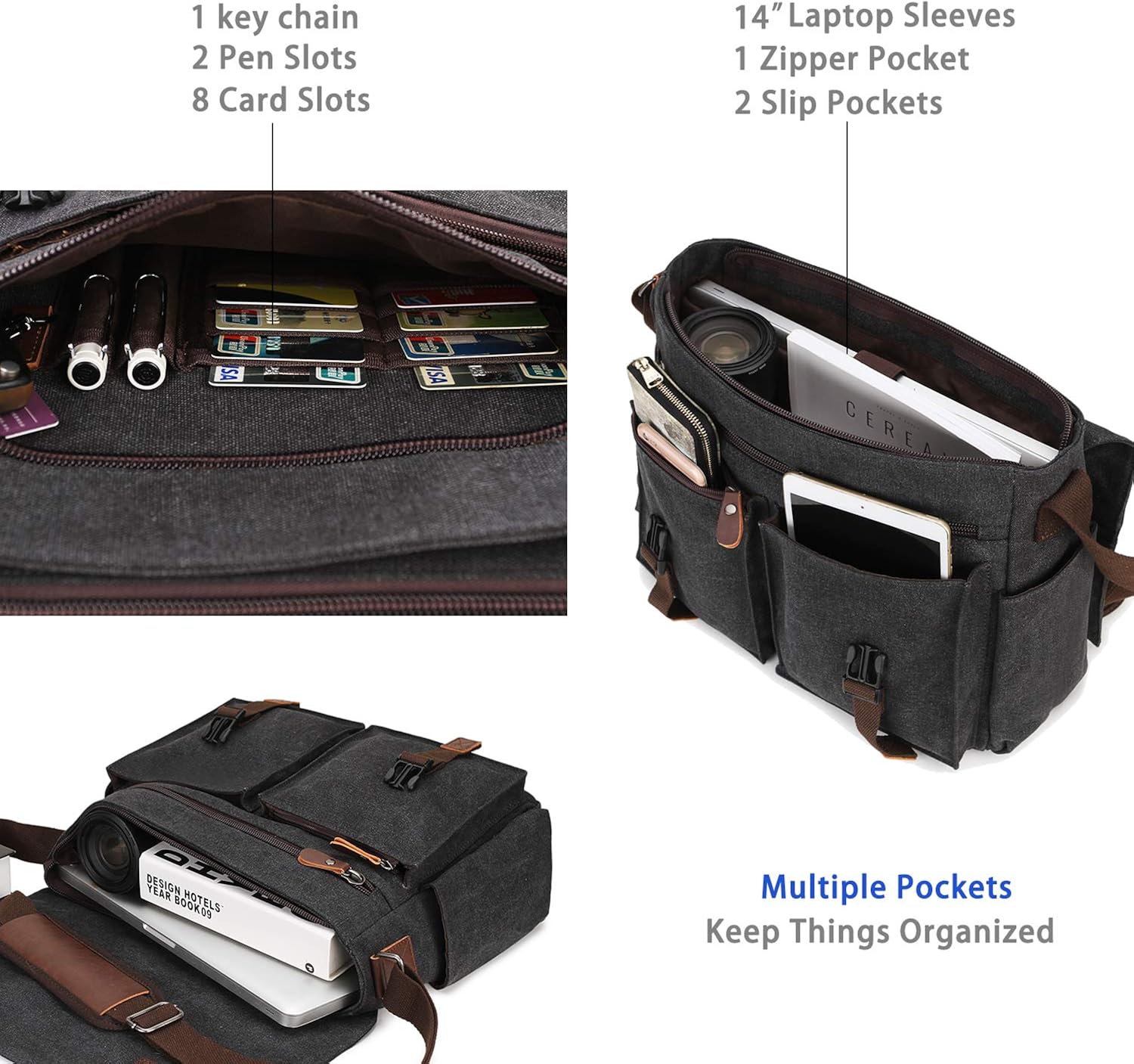 Messenger Bag For Men,Water Resistant Unisex Canvas Shoulder Bag Fits 14 Inch Laptop School Satchel Book Bag for Work and College: Shoes