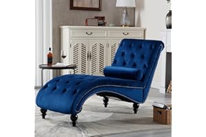 binzida Velvet Chaise Lounge Indoor,Button-Tufted Upholstered Chaise Lounge Chair with Pillow for Bedroom Living Room Office Modern Backrest Leisure Recliner Sleep Sofa (Blue)