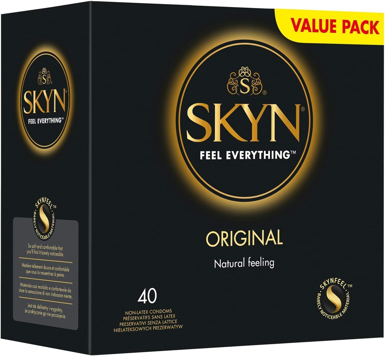 SKYN Original Condoms, Pack of 40, SKYNFEEL Latex Free Condoms for Men Regular Size, Strong & Thin, Smooth Straight Shape