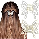 Outyua Butterfly Hair Claw Clips for Women 2.6" Sparkly Rhinestone Pearl Metal Hair Jaw Clips 2PCS