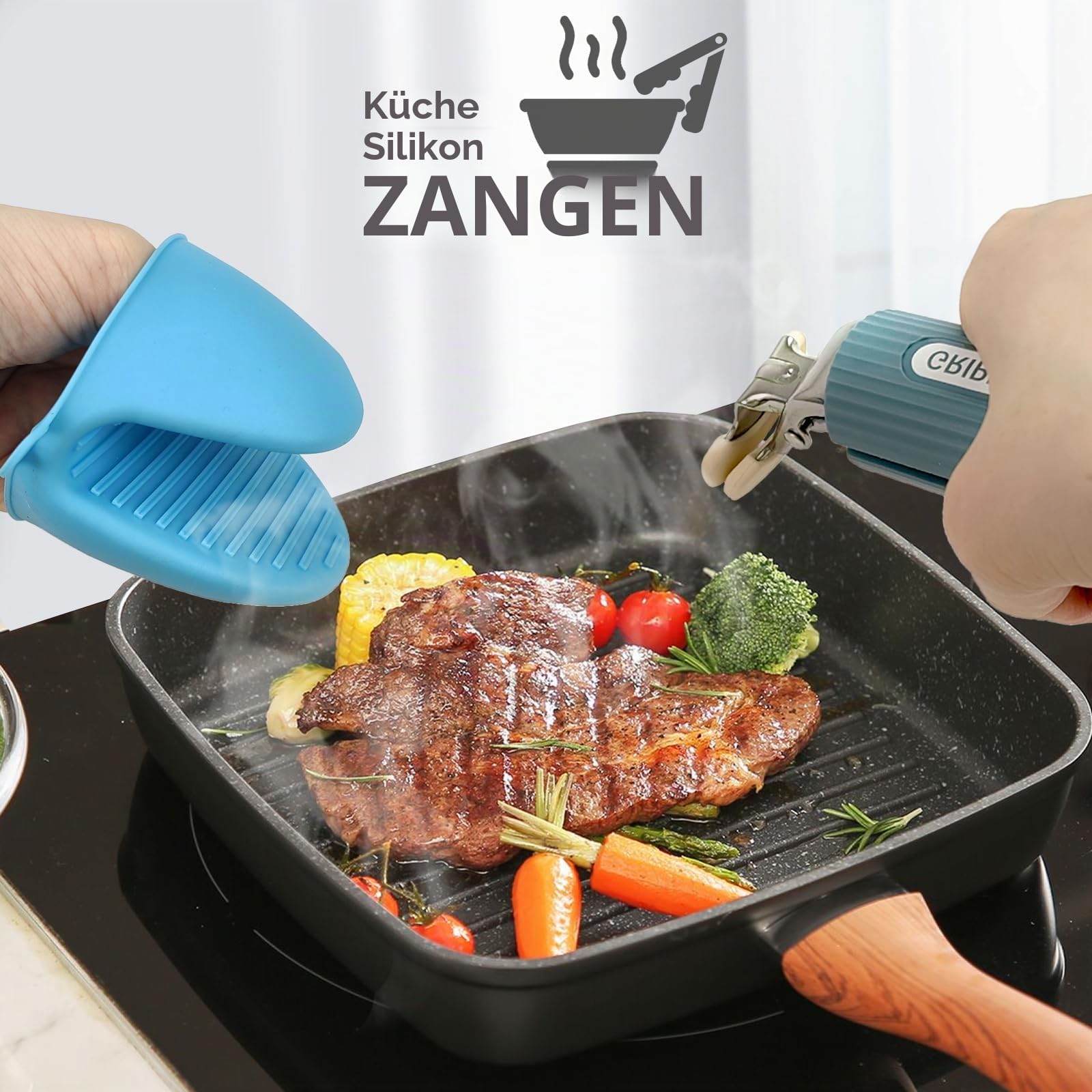 2 Stück Küchenzange, zange für heißluftfritteuse, Ofenzange, Küchenzange aus Silikon für Heißluftfritteuse, Mikrowelle, Küchen-Warmhaltetablett-Greifer (mit 1 wärmeisolierten Handschuhen) 7