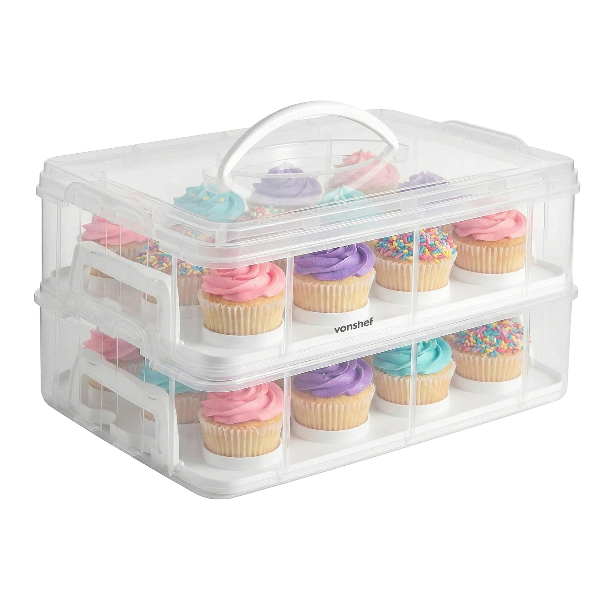 VonShef Cupcake Carrier with Handle, Two Tier Stackable Cup Cake Box, 24 Muffin Cake Carrier with Airtight Snap Lid, Clear Plastic Baked Goods Container