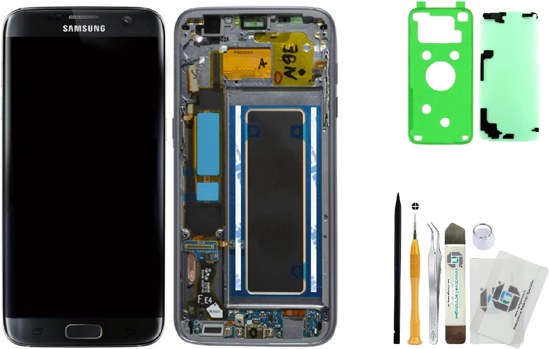 ITG® Original Display Repair Kit for Samsung Galaxy S7 Edge SM-G935F Black (Onyx Black) - Original Samsung LCD Display Unit (Service Pack) GH97-18533A + Battery Cover 3M Adhesive Film + Tool Kit