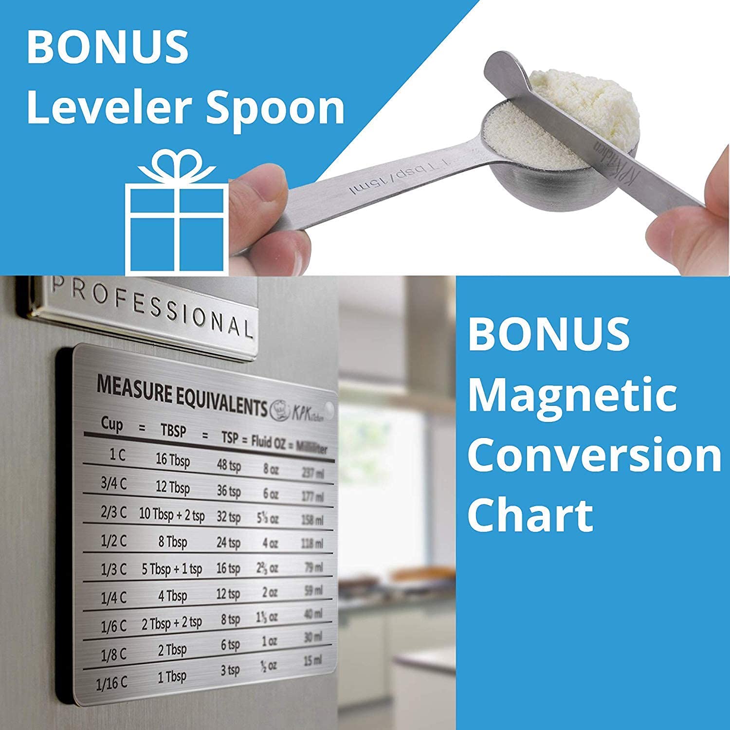 Stainless Steel Measuring Cups and Spoons Set of 16-7 Cup & 7 Spoon + Conversion Chart & Leveler - Kitchen Measuring Spoons and Cups - Dry Measure Cups Stainless Steel & Baking Metal Measuring Cups