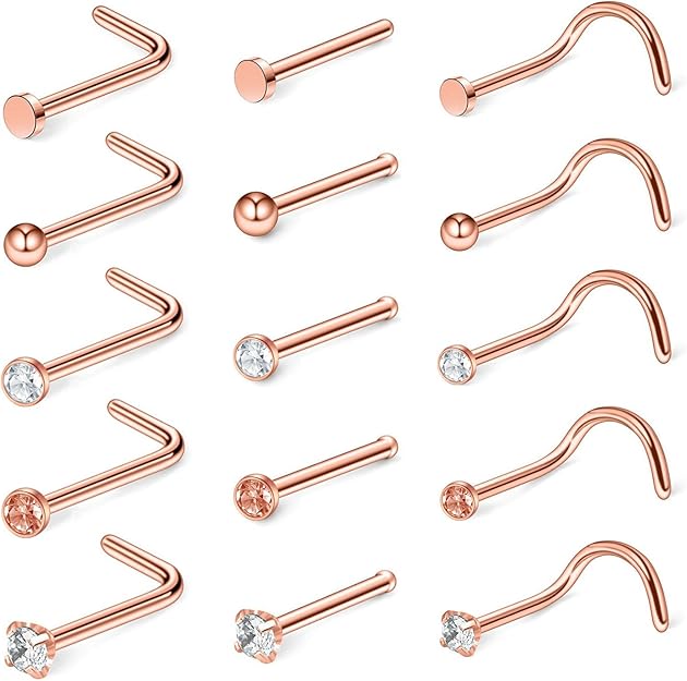 Incaton Rose Gold Nose Stud, 20G Hook Nose Ring Bone Nose