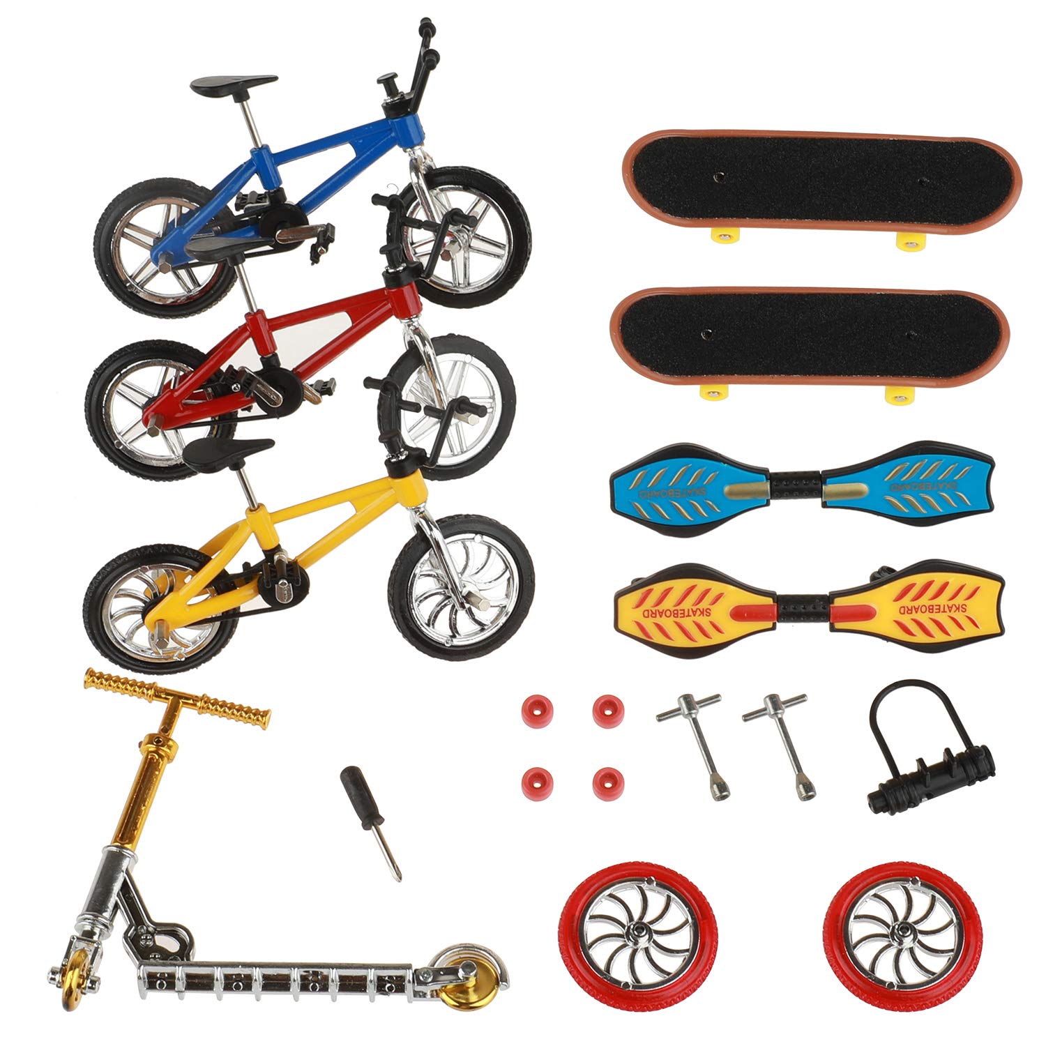 HIHOBDAY Mini Finger Toys Set, Mini Scooter Finger Skateboards Finger Bikes Tiny Swing Board with Replacement Wheels and Tools (18 Pcs)